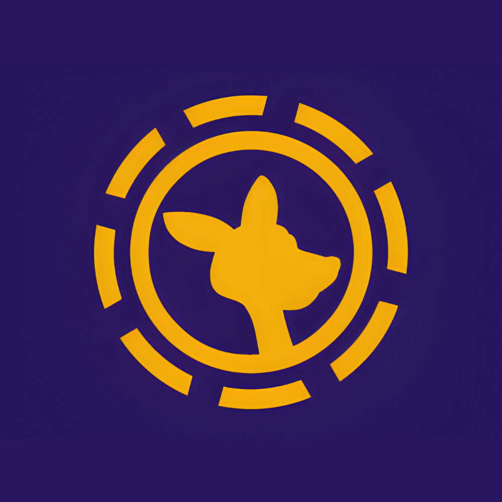 Gold dog head silhouette inside segmented circular rings on a purple background (logo)
