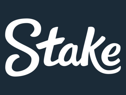 Stake logo in white cursive lettering on a dark blue background, representing the brand name Stake.