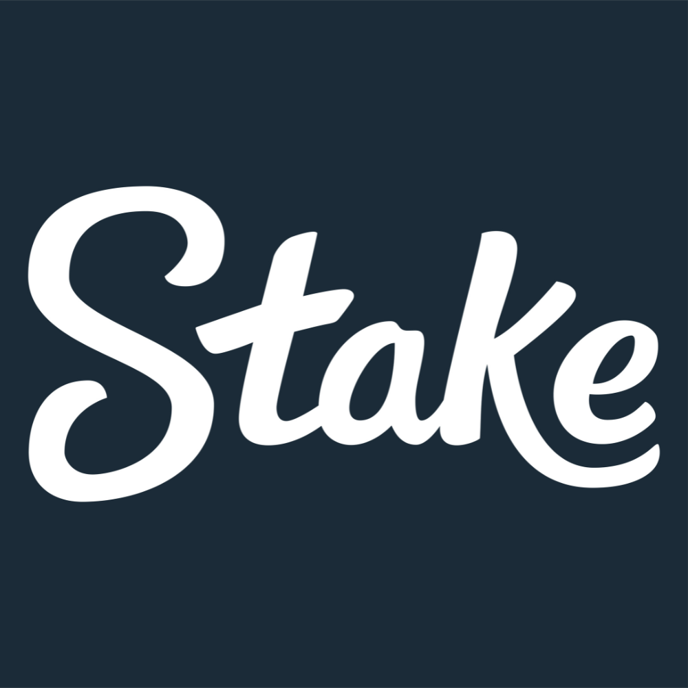 Stake logo in white cursive lettering on a dark blue background, representing the brand name Stake.