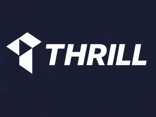 THRILL logo—white bold wordmark with a geometric diamond icon on a dark navy background, left of the text