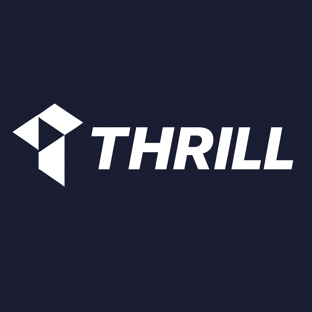 THRILL logo—white bold wordmark with a geometric diamond icon on a dark navy background, left of the text